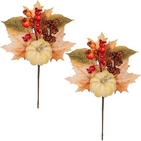 2PCS Artificial Fall Picks Fake Pumpkin Maple Leaves with Red Berries, 14" Faux Fall Greenery Branches Autumn Décor for Vase Farmhouse Kitchen Decoration