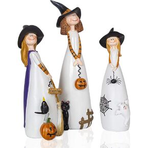 CT DISCOUNT STORE Adorable Friendly 3 Witches Set, Fall Decor, Black Crow, Pumpkin Display, Black Cat, Home Accent Firgures Holiday Halloween Decoration