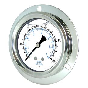 PIC Gauges 204L-204E Front Flanged Panel Mount Glycerine Filled Pressure Gauge w/ SS Case/Bezel, Brass Internals, PC Lens, 2" Dial, 0/100 psi Range, 1/4" Male NPT