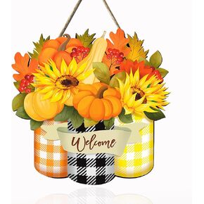 Fall Door Sign Pumpkin Maple Leaf Welcome Wood Door Hanging Autumn Farmhouse Porch Decor Wreaths Thanksgiving Party Decoration 12 X 12 Inch