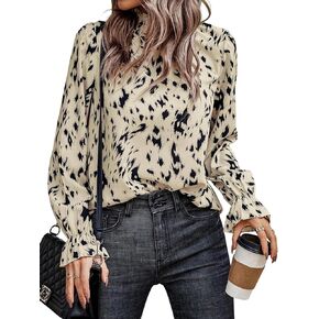 LYANER Women's Print Mock Neck Flounce Long Sleeve Shirred Blouse Top Shirt