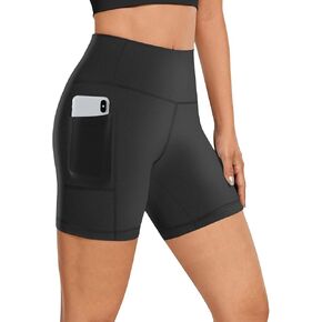 Womens 5" Biker Shorts with Pocket High Waisted Spandex Yoga Shorts Compression Workout Athletic Tummy Control Gym Short Leggings Volleyball Bicycle Run Cycling Exercise Stretchy Tights Black