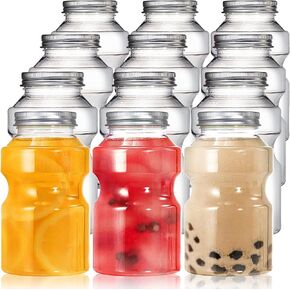 12 Pack Plastic Bottles with Aluminum Caps, 16 Oz Reusable Clear Juice Bottle, BPA Free Smoothie bottles for Fridge, Leakproof Empty Juice Bottles for Juicing Ginger Tea Coffee Milk Beverages