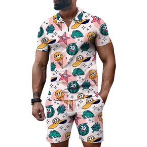 Men's Track Suits 2 Piece Summer Short Sets Outfits Hawaiian Polo Shirt Casual Short Sleeve and Shorts Set