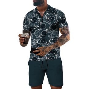 Men's Track Suits 2 Piece Summer Short Sets Outfits Hawaiian Polo Shirt Casual Short Sleeve and Shorts Set