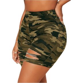 Floerns Women's Camo Print High Waist Biker Shorts Ripped Athletic Running Shorts