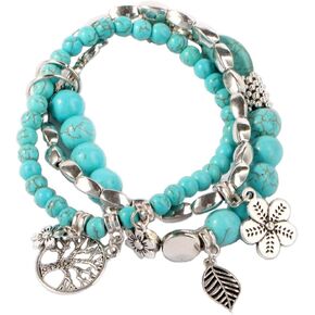 3 Sets Bohemian Turquoise Beaded Bracelet with Charm Tree of Life Beach Stretch Bracelet in Saudi Arabia