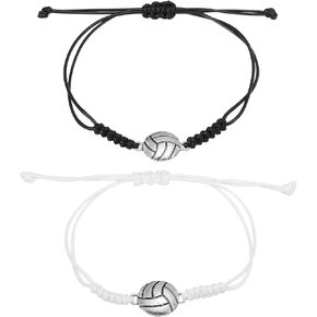 PATIKIL Volleyball Bracelets, 2 Pcs Volleyball Gifts Braided Wristbands with Volleyball Beads for Teenagers, Adults, Black White