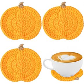 Crochet Pumpkins Coaster Handmade Knitted Drink Coaster Set Autumn Drink Cup Pad Mats Absorbent Bottle Mug Place Mats for Table Protection Fall Halloween Thanksgiving Themed Party Decoration (4 Pcs)