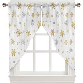 Christmas Curtains Swag Valance Flower Poinsettia Red Floral Border Rod Pocket Kitchen Curtains Winter Holiday Window Treatment Valances Swag Curtains for Christmas Decorations, 1 Pair, 28" W x 36" L