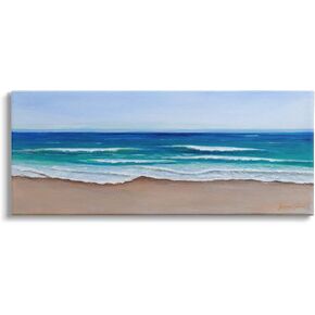 Stupell Industries Vibrant Blue Beach Coast Ocean Shoreline Panoramic Painting, Designed by Lauren Jane Canvas Wall Art, 24 x 10, Brown