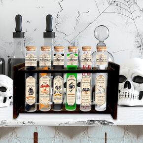 Ainswei Halloween Potion Bottles,Halloween Decorations Indoor,Halloween Witch Apothecary Potion Rack,Magic Potion Bottle Stand with Spell Lables for Witch Prop Decoration (Classic)