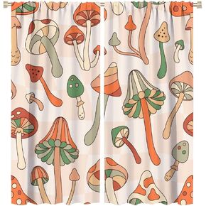 Mushrooms Curtains Cartoon Mushroom Natural Plants Black Red for Kids Bedroom Living Room Decor Rod Pocket Blackout Window Drapes 2 Panels 42x45in