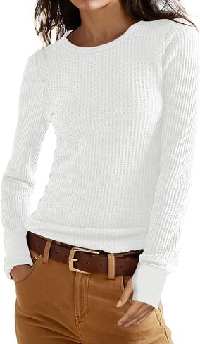 GRECERELLE Waffle Knit Long Sleeve Shirts for Women Crew Neck Slim Fitted Going Out Tops Y2k Outfits in Saudi Arabia
