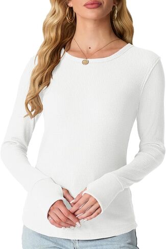 GRECERELLE Waffle Knit Long Sleeve Shirts for Women Crew Neck Slim Fitted Going Out Tops Y2k Outfits in Saudi Arabia