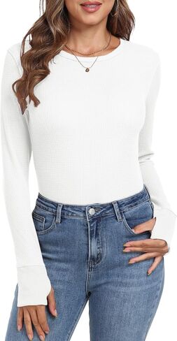 GRECERELLE Waffle Knit Long Sleeve Shirts for Women Crew Neck Slim Fitted Going Out Tops Y2k Outfits in Saudi Arabia