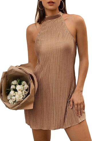 SHENHE Women's Halter Neck Lettuce Trim Sleeveless Shift Dress Mini Tank Dress in Saudi Arabia