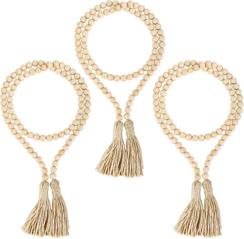 Foraineam 3 قطع 58 بوصة خرزة خشبية إكليل مع شرابات مزرعة ريفية ريفية زينة للعطلات صلاة بوهو خرز ديكور للتعليق على الحائط in Kuwait