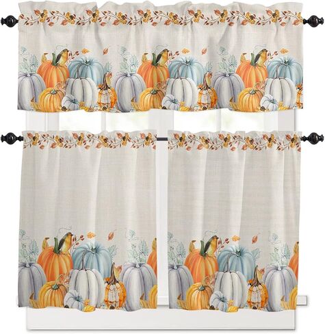 ستائر المطبخ ومجموعة الستارة، ستارة الخريف الحصاد الستارة وطبقة قضيب الجيب نافذة الستار طبقات لغرفة النوم الحمام 3 قطعة الستار 24 بوصة طول الشكر ورقة اليقطين القيقب in Kuwait