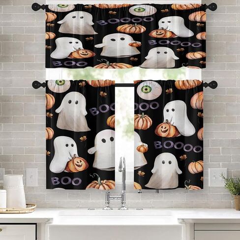 Halloween Cute Ghost Kitchen Window Curtains Valance and Tier Set 36 Inch, Vintage Watercolor Pumpkin 3 Piece Window Treatment Tiers for Living Room Bedroom Kitchen Decor Drapes in Kuwait