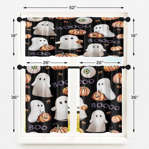 Halloween Cute Ghost Kitchen Window Curtains Valance and Tier Set 36 Inch, Vintage Watercolor Pumpkin 3 Piece Window Treatment Tiers for Living Room Bedroom Kitchen Decor Drapes in Kuwait