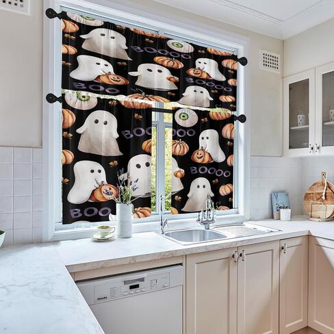Halloween Cute Ghost Kitchen Window Curtains Valance and Tier Set 36 Inch, Vintage Watercolor Pumpkin 3 Piece Window Treatment Tiers for Living Room Bedroom Kitchen Decor Drapes in Kuwait