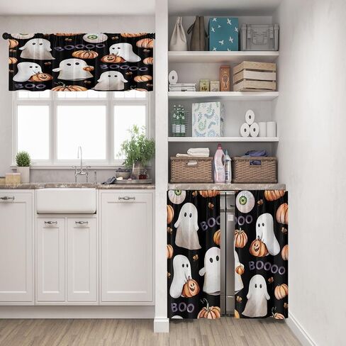 Halloween Cute Ghost Kitchen Window Curtains Valance and Tier Set 36 Inch, Vintage Watercolor Pumpkin 3 Piece Window Treatment Tiers for Living Room Bedroom Kitchen Decor Drapes in Kuwait