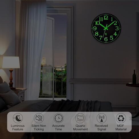 JoFomp ساعة الحائط الذرية تتوهج في الظلام، 12 بوصة ساعات الحائط الخشبية الصامتة تعمل بالبطارية، مجموعات التحكم في راديو الحائط على مدار الساعة الذرية تلقائيًا، تتوهج في ساعات الحائط المظلمة لديكور غرفة المعيشة in Kuwait