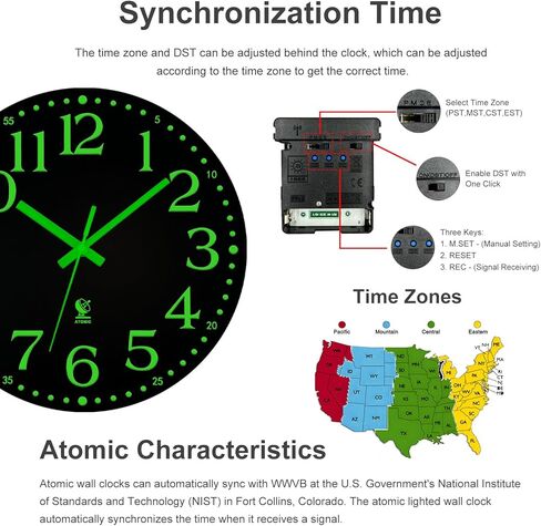 JoFomp ساعة الحائط الذرية تتوهج في الظلام، 12 بوصة ساعات الحائط الخشبية الصامتة تعمل بالبطارية، مجموعات التحكم في راديو الحائط على مدار الساعة الذرية تلقائيًا، تتوهج في ساعات الحائط المظلمة لديكور غرفة المعيشة in Kuwait