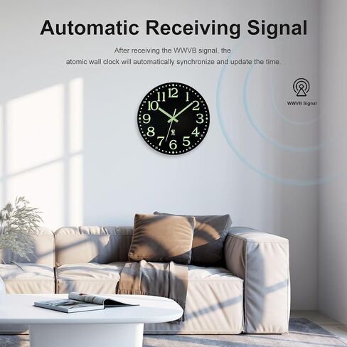 JoFomp ساعة الحائط الذرية تتوهج في الظلام، 12 بوصة ساعات الحائط الخشبية الصامتة تعمل بالبطارية، مجموعات التحكم في راديو الحائط على مدار الساعة الذرية تلقائيًا، تتوهج في ساعات الحائط المظلمة لديكور غرفة المعيشة in Kuwait