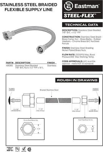 Eastman 12 Inch Flexible Toilet Connector, 7/8 Inch Ballcock x 1/2 Inch FIP, Stainless Steel Braided Supply Line, 48084 in Saudi Arabia