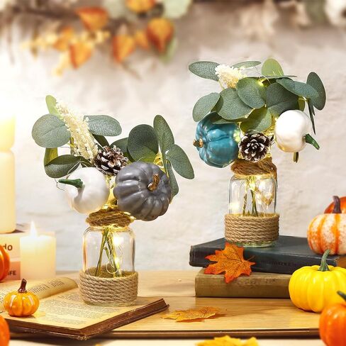 2 حزمة من شمعدانات ميسون ديكور الخريف مع أضواء LED شمعدانات جدارية ريفية وسيقان الأوكالبتوس الاصطناعية، فانوس خريفي لتزيين المنزل وديكور المزرعة in Kuwait