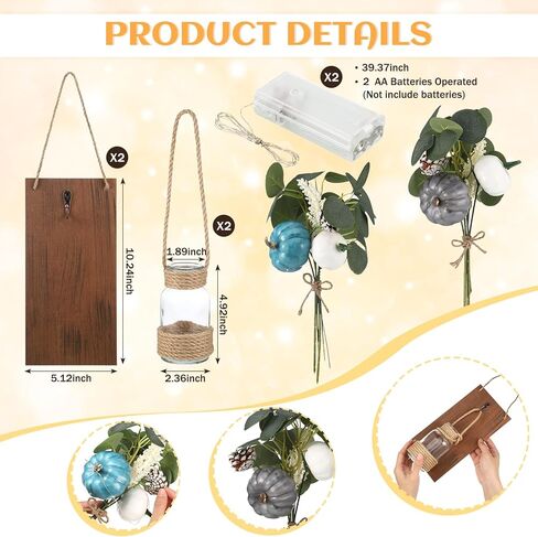 2 حزمة من شمعدانات ميسون ديكور الخريف مع أضواء LED شمعدانات جدارية ريفية وسيقان الأوكالبتوس الاصطناعية، فانوس خريفي لتزيين المنزل وديكور المزرعة in Kuwait