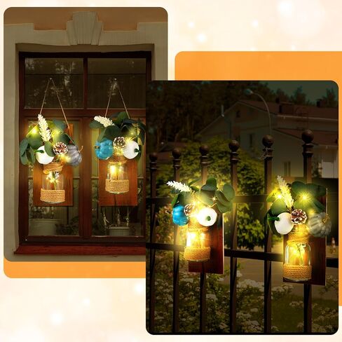 2 حزمة من شمعدانات ميسون ديكور الخريف مع أضواء LED شمعدانات جدارية ريفية وسيقان الأوكالبتوس الاصطناعية، فانوس خريفي لتزيين المنزل وديكور المزرعة in Kuwait