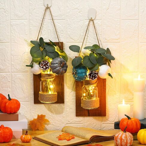 2 حزمة من شمعدانات ميسون ديكور الخريف مع أضواء LED شمعدانات جدارية ريفية وسيقان الأوكالبتوس الاصطناعية، فانوس خريفي لتزيين المنزل وديكور المزرعة in Kuwait
