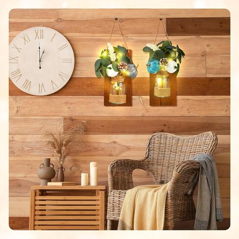 2 حزمة من شمعدانات ميسون ديكور الخريف مع أضواء LED شمعدانات جدارية ريفية وسيقان الأوكالبتوس الاصطناعية، فانوس خريفي لتزيين المنزل وديكور المزرعة in Kuwait