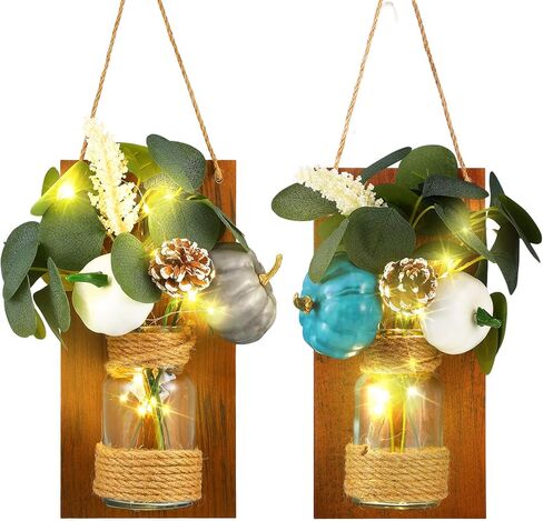 2 حزمة من شمعدانات ميسون ديكور الخريف مع أضواء LED شمعدانات جدارية ريفية وسيقان الأوكالبتوس الاصطناعية، فانوس خريفي لتزيين المنزل وديكور المزرعة in Kuwait