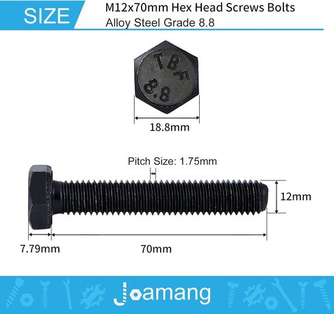مسمار برأس سداسي M12 × 70 مم، سبيكة فولاذية درجة 8.8، لمسة نهائية من أكسيد الأسود، خيط كامل، مسامير رأس سداسية، الكمية 5 in Saudi Arabia