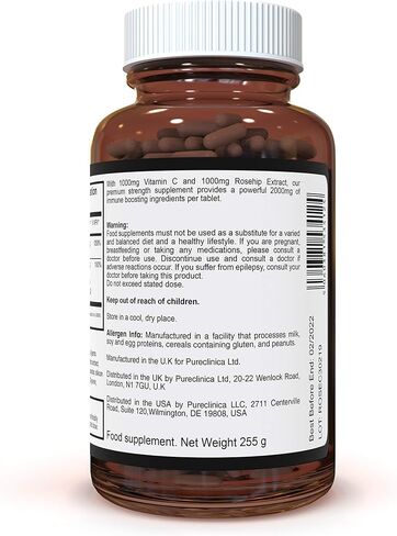 pureclinica Vitamin C with Rosehip – 2000mg (1000mg VIT C & 1000mg Rosehip Extract) x 360 Tablets – 1 Years Supply! in Saudi Arabia