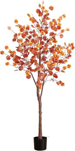 Nearly Natural 6-FT Pre-lit Artificial Autumn Eucalyptus Tree with 300 Warm White LED Lights, Faux Eucalyptus Tree with Fall Colors for Home & Office Décor in Black Nursery Planter in Saudi Arabia