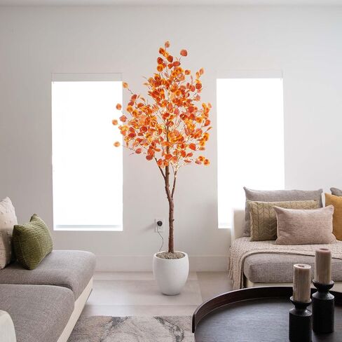 Nearly Natural 6-FT Pre-lit Artificial Autumn Eucalyptus Tree with 300 Warm White LED Lights, Faux Eucalyptus Tree with Fall Colors for Home & Office Décor in Black Nursery Planter in Saudi Arabia