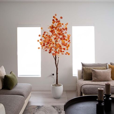 Nearly Natural 6-FT Pre-lit Artificial Autumn Eucalyptus Tree with 300 Warm White LED Lights, Faux Eucalyptus Tree with Fall Colors for Home & Office Décor in Black Nursery Planter in Saudi Arabia