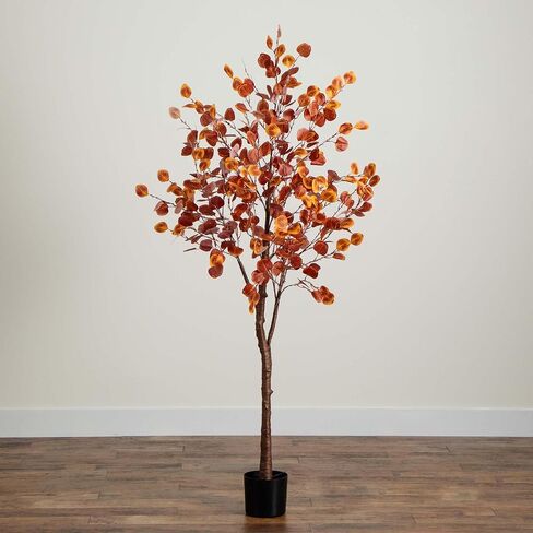 Nearly Natural 6-FT Pre-lit Artificial Autumn Eucalyptus Tree with 300 Warm White LED Lights, Faux Eucalyptus Tree with Fall Colors for Home & Office Décor in Black Nursery Planter in Saudi Arabia