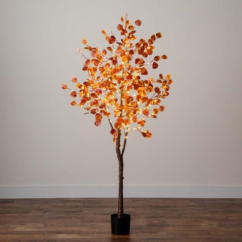 Nearly Natural 6-FT Pre-lit Artificial Autumn Eucalyptus Tree with 300 Warm White LED Lights, Faux Eucalyptus Tree with Fall Colors for Home & Office Décor in Black Nursery Planter in Saudi Arabia