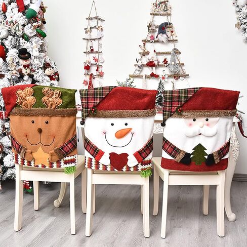 SAHLA Christmas Chair Covers Set of 3, Santa Claus Snowman Reindeer Xmas Dinner Chairs Cover Christmas Chair Back Cover Dinner Table Chair Slipcovers for Xmas Home Kitchen Decorations Ornaments in Saudi Arabia