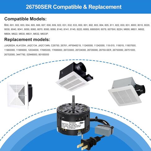 26750SER Bathroom Fan Motor Replacement - Smooth, Low-Noise Operation - Quiet 1550 RPM, CCW - 1/60 HP - Compatible with JA26024 AL4125A JA2C134 JA2C134N - Fits Models 8000 8090 8141 8220 600-609 in Saudi Arabia