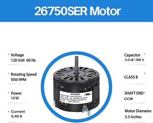 26750SER Bathroom Fan Motor Replacement - Smooth, Low-Noise Operation - Quiet 1550 RPM, CCW - 1/60 HP - Compatible with JA26024 AL4125A JA2C134 JA2C134N - Fits Models 8000 8090 8141 8220 600-609 in Saudi Arabia