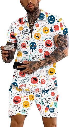 Men's 2 Piece Summer Outfits Hawaiian Print Short Sleeve Summer Shirt and Shorts Set in Saudi Arabia