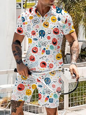 Men's 2 Piece Summer Outfits Hawaiian Print Short Sleeve Summer Shirt and Shorts Set in Saudi Arabia