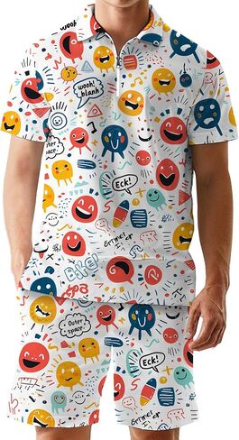 Men's 2 Piece Summer Outfits Hawaiian Print Short Sleeve Summer Shirt and Shorts Set in Saudi Arabia